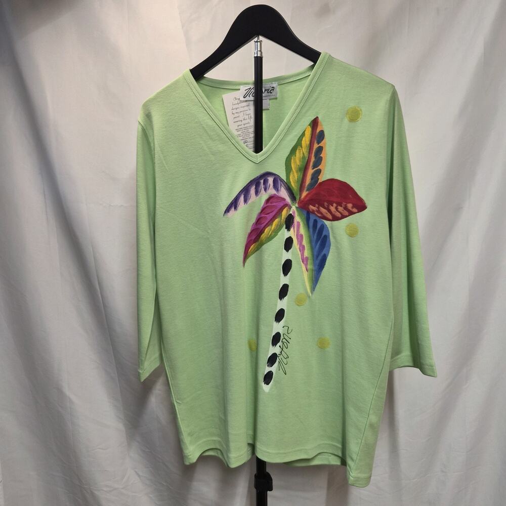 Victoria USA Wearable Art Lime Green Hand Painted Floral V-Neck Top Large NWT